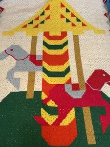 Folk Art Vintage Merry Go Round Carousel Afghan Crochet Throw Blanket 60”x80” - Picture 1 of 9