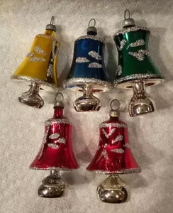 Lot of 5 Vintage Mini Blown Glass Bell Feather Tree Christmas Ornaments - Picture 1 of 5