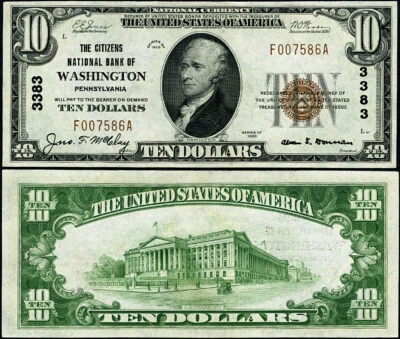 Washington PA-Penn $10 1929 T-1 National Bank Note Ch #3383 Citizens NB Ch CU - Image 1 of 3