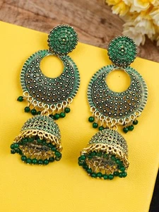 Indian Gold Plated Wedding Party Wear Women Long Green Jhumka Jhumki Earrings - Picture 1 of 33
