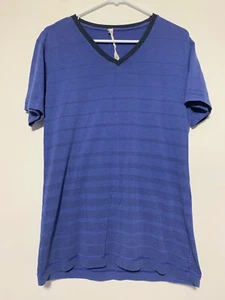 Lululemon Men's Size M Navy Striped V-Neck Pima Cotton Blend Short Sleeve Shirt - Picture 1 of 5