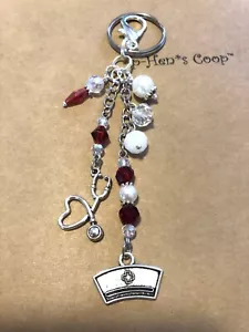 Nurses Cap W Stethoscope Red/white Purse Charm Key Chain FOB handmade USA 579 - Picture 1 of 3