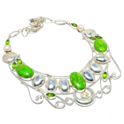 Collar de plata 925 turquesa verde natural, peridoto, perlas piedras preciosas A422 Foto 1 de 4