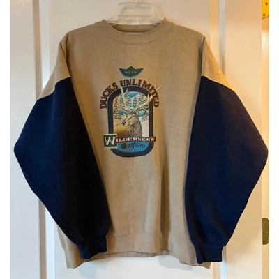 Vintage Men’s Ducks Unlimited Sweatshirt Color Block Tan Navy Size CL - Image 1 of 3