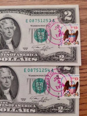 1976 2 dollar bill with postage stamp 2 in consecutive order. July 4 1976. - Image 1 of 4