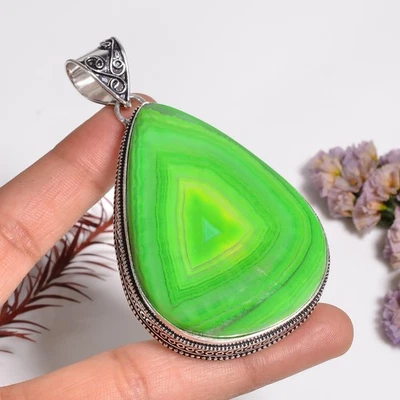 43.4 Gms. Grün Botswana Achat Edelstein Vintage Handmade 925 Silber Pendel 7.6cm - Bild 1 von 4