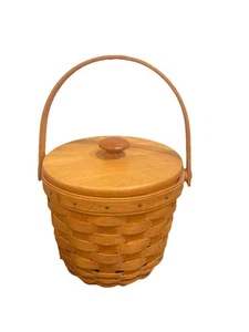 Longaberger Woven Basket Round Medium Fruit Wooden Swing Handle Protector &Lid - Picture 1 of 10