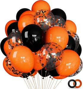 68PCS 12" Black & Orange Balloons Latex Confetti Ribbons Halloween Party - Picture 1 of 3