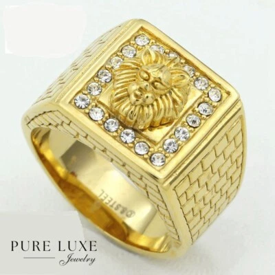 Men's Stainless-Steel.LION-Head Cubic Zirconia Gold plated Rings,8-12,13 Box - Image 1 of 3