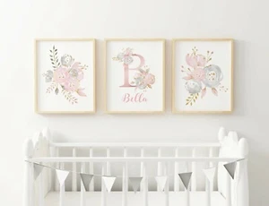 3 PERSONALISED WALL PRINTS A4 - PINK GREY FLORAL - BABY GIRL INITIAL & NAME - Picture 1 of 1