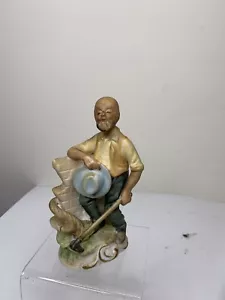 Vintage Miner Old Man Figurine Holding Blue Hat Ceramic Japan Made 6" Tall - Picture 1 of 7