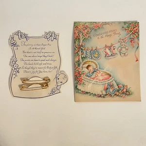 Vtg Doehla New Baby Greeting Card & Vtg Baby Card w/ 18k Gold Plate Diaper Pins - Picture 1 of 12