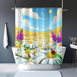 Flower Field Polyester Bathroom Shower Curtain Set with Plastic Hooks for Kid... - Picture 1 of 6