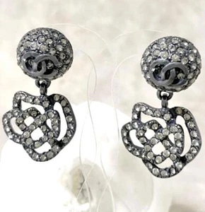 CHANEL CC Logos Rhinestone Camellia Dangle Earrings 00A Auth w/Box #1 - Picture 1 of 5