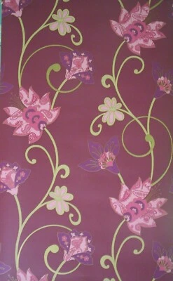 PINK AND PLUM PURPLE CONTEMPORARY PAISLEY FLORAL PREPASTED WALLPAPER # SW29252 - Image 1 of 4