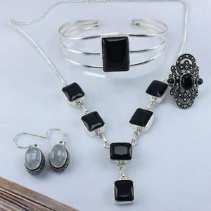 Rare Black Onyx Jewelry Set  Ear Ring, Bracelet, Necklace & Moonstone Ear Ring - Picture 1 of 12