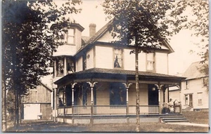 Victorian House and Barn Woman Looking Out Window Children on Porch RPPC - Picture 1 of 4