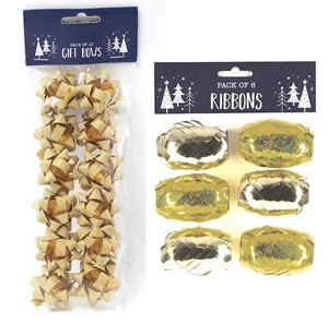 12er Pack kleine Glitzer Weihnachtsgeschenkschleifen und 6 Metallbänder - Uni Gold - Bild 1 von 1