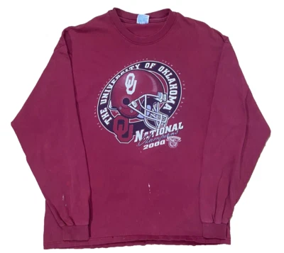 VTG 2000 Oklahoma Sooners Long Sleeve Shirt National Champions Sz XL Distressed - Image 1 of 4