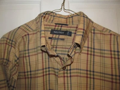 Nautica Button Down Plaid Long Sleeve Shirt Mens Large Tan/burgandy/black stripe - Image 1 of 4