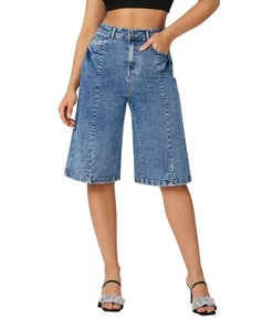 Women's Baggy Jean Shorts High Waisted Stretchy Wide Leg Long Denim Bermuda S... - Picture 1 of 7