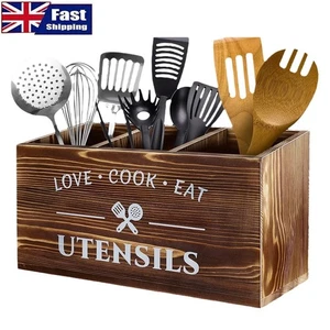 Wooden Kitchen Utensil Holder Large Utensil Organiser Storage Rack Cutlery Box - Picture 1 of 14