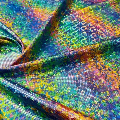 Leopard Animal Print Metallic Rainbow Nylon Spandex Fabric 4 Way Stretch By yard - Image 1 of 4