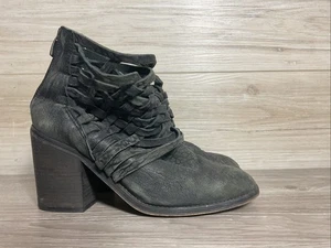 Free People Faded Black/Gray Distressed Leather Carrera Woven Heeled Booties 39 - Picture 1 of 11