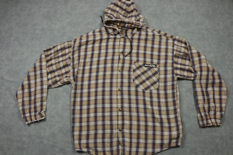 Camisa De Colección No Fear Para Hombres Grande Marrón A Cuadros Franela Con Capucha Hecha en EE. UU. 90s Foto 1 de 4