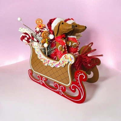 Felt Dachshund Pair Sculpture Gingerbread Candy Sleigh Centerpiece Christmas - Image 1 of 4