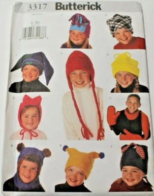 Butterick 3317 Girls Boys Children 9 Hats, Scarf & Mittens Sewing Pattern L-XL - Image 1 of 2
