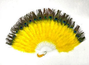 DORADO Abanico Pluma Marabú con Una Cara PAVO REAL 30" X 15" Disfraz Halloween Baile - Imagen 1 de 2