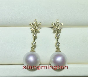 Top luster real 18K GOLD 12-13MM SOUTH SEA round white PEARL Dangle EARRINGS - Picture 1 of 5