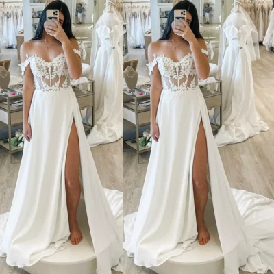 Vestidos de novia boho de encaje con abertura fuera del hombro de gasa línea A vestidos de novia Foto 1 de 4