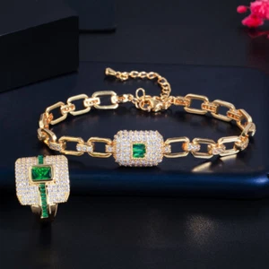 Bracciale catena zirconi baguette verde placcato oro anello donna set gioielli - Foto 1 di 15