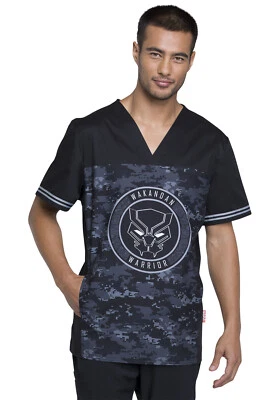 Black Panther Cherokee Scrubs Tooniforms Marvel Mens V Neck Top TF707 MAWW - Image 1 of 4