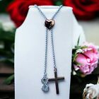 Vintage Dainty Lariat Silver Tone Necklace  Rose Gold Tone Heart  Cross 32"