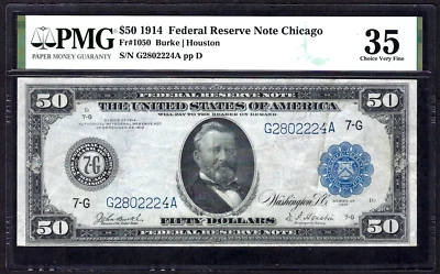 🇺🇸 1914 $50 FR-1050 CHICAGO ♚♚BURKE&HOUSTON♚♚ PMG CHOICE VF 35  STRONG COLOR - Image 1 of 2