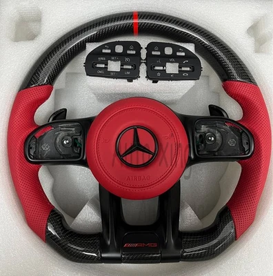 Volante AMG cuero rojo carbono para Mercedes-Benz E53 G63 GLE C43 reemplazar Foto 1 de 4