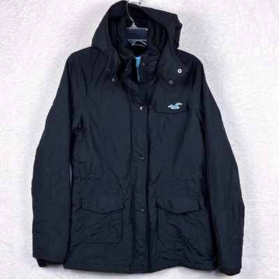 VTG Hollister Fleece Lined Coat Jacket Parka Mens L Blue Hooded Y2K Preppy Slim - Image 1 of 4