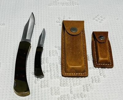 2 navajas de bolsillo Sheffield Lock Back con refuerzos de latón y mango de madera con fundas Foto 1 de 4