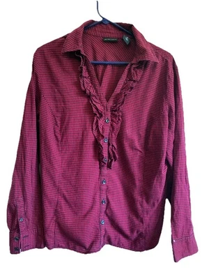 New York and Company women’s plaid Top XL front ruffle button down. - Image 1 of 4