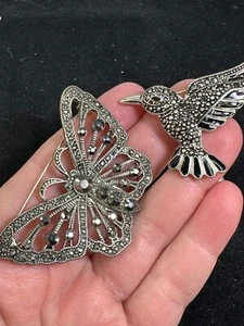 Lot of 2 Butterfly & Hummingbird Rhinestone Vintage Silver Brooch M-6846 - Picture 1 of 4