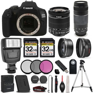 Canon EOS 2000D (Rebel T7) DSLR Camera +18-55mm IS STM LENS +75-300 II+ 64GB Kit - Picture 1 of 4