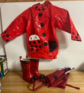 Kidorable ladybug raincoat size 3-boots size 8 and umbrella - Picture 1 of 15