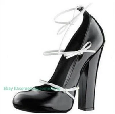 Women's Bowknot Bandage 12CM Chunky Heel Shoes Round Toe Lace Up Splicing Chic - Image 1 of 4