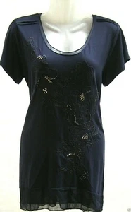 MARKS & SPENCER PER UNA NAVY BLUE ASYMMETRIC HEM BEADED TUNIC TOP Sizes 8,14 - Picture 1 of 5
