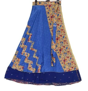Sushila Vintage Art Silk Saree Magic Wrap Blue Reversible Skirt Beach Dress Boho - Picture 1 of 7