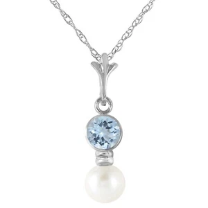 14K. SOLID GOLD NECKLACE WITH AQUAMARINE & PEARL (White Gold) - Picture 1 of 7