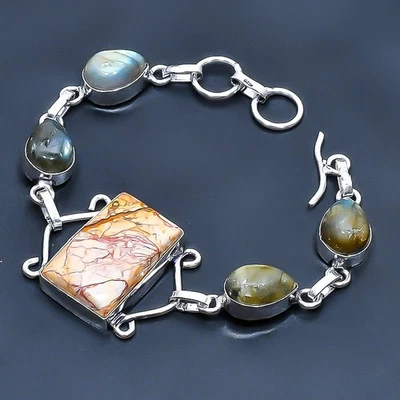 Brecciated Mookaite, Labradorite Gemstone Jewelry Bracelet 7-8" i970 - Image 1 of 3